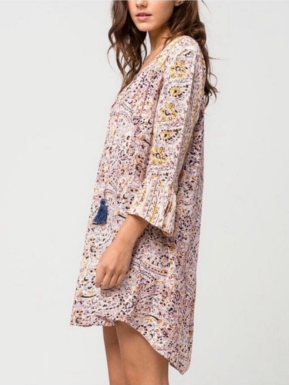 Billabong Paisley Print Tassel Tunic Top Shift Dress White Rayon XS Small - Picture 3 of 15